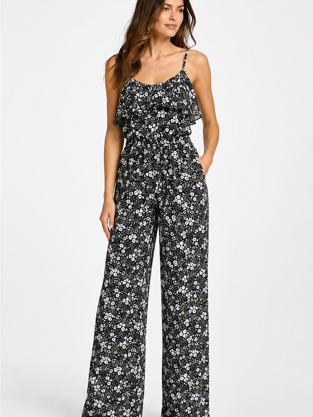 Michael Kors Black, Gwen and White Floral Ruffle Wide-Leg Lined Jumpsuit NEW